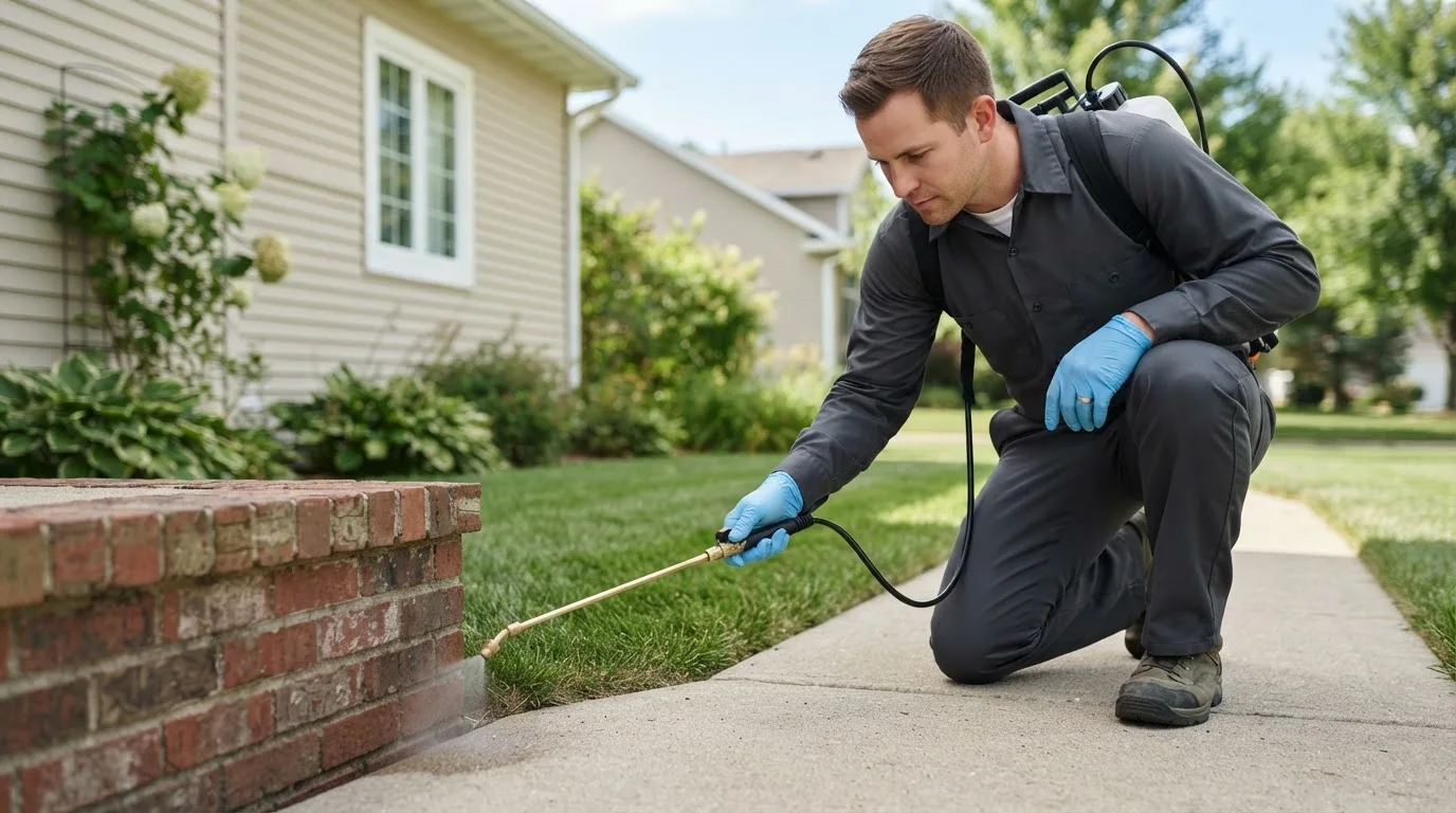 Pest control technician treating a home near Montezuma, OH