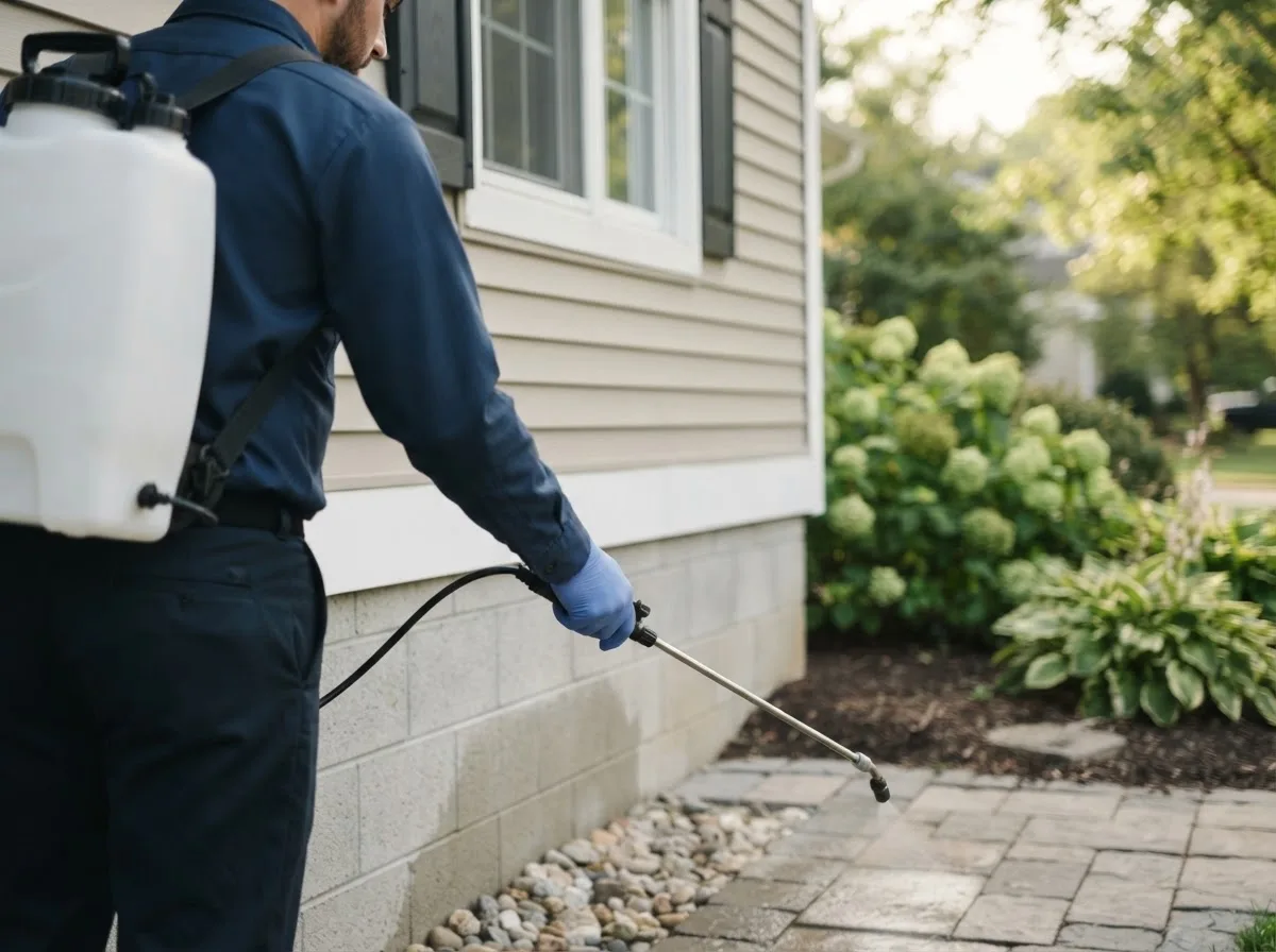 Pest control technician inspecting a home in Montezuma, OH